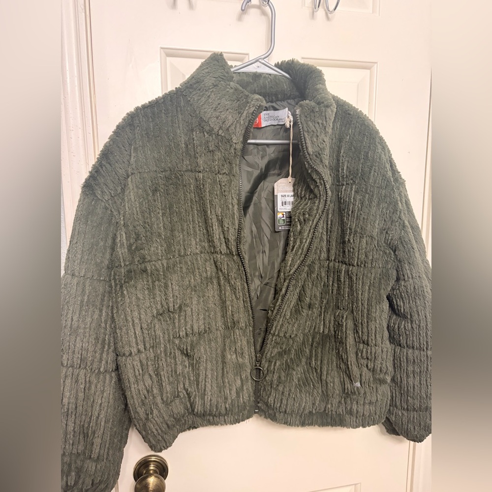 Plush Olive Green Teddy Jacket with Zip Front